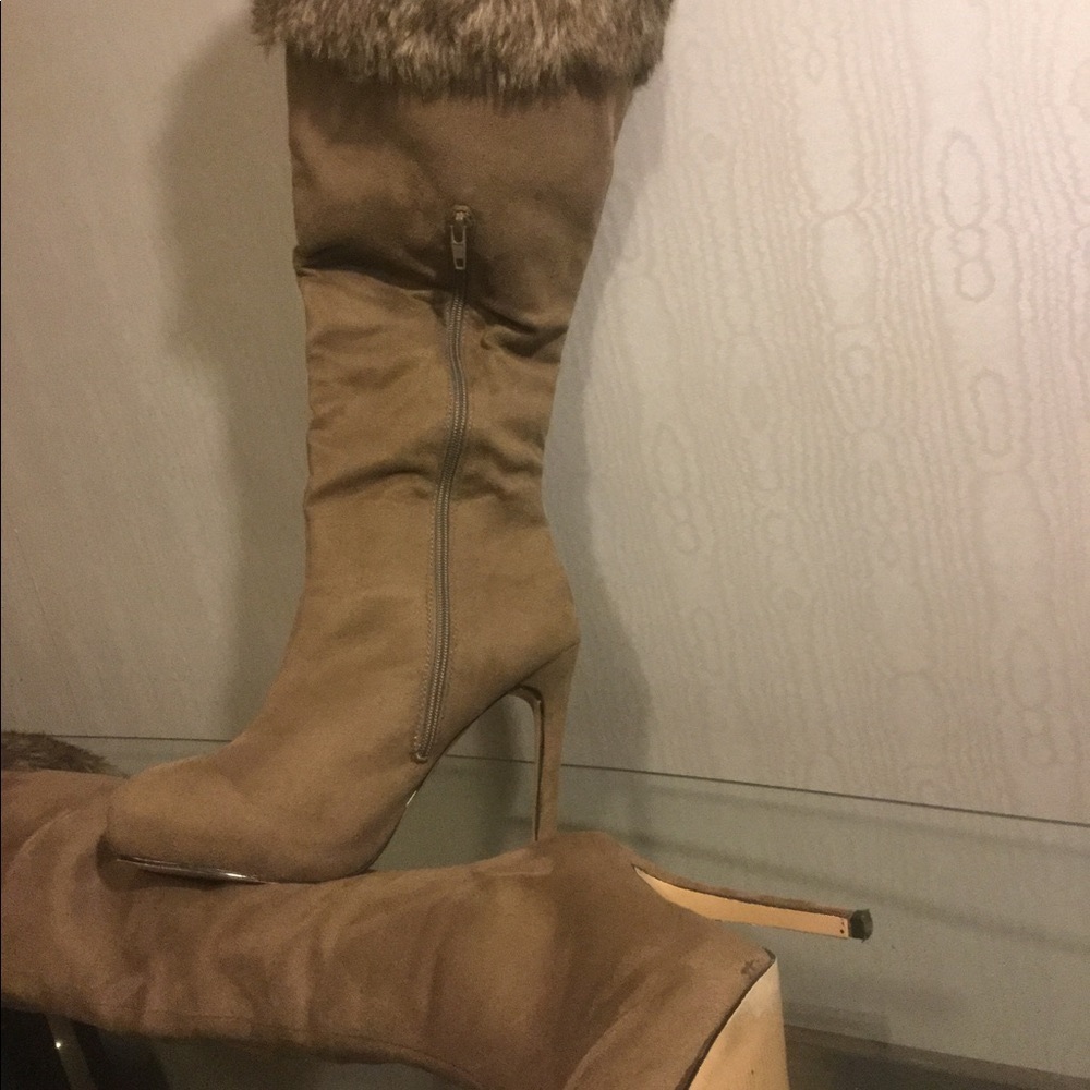 IZABELLA RUE TAN FAUX SUEDE KNEE HIGH HEEL BOOTS